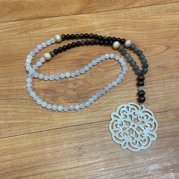 White Jade, Gold Sheen Obsidian, Bloodstone &Wood with an Elegant Resin Pendant - Picture 3 of 5